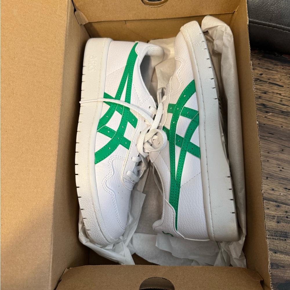 Asics White Sneakers with Green Stripes